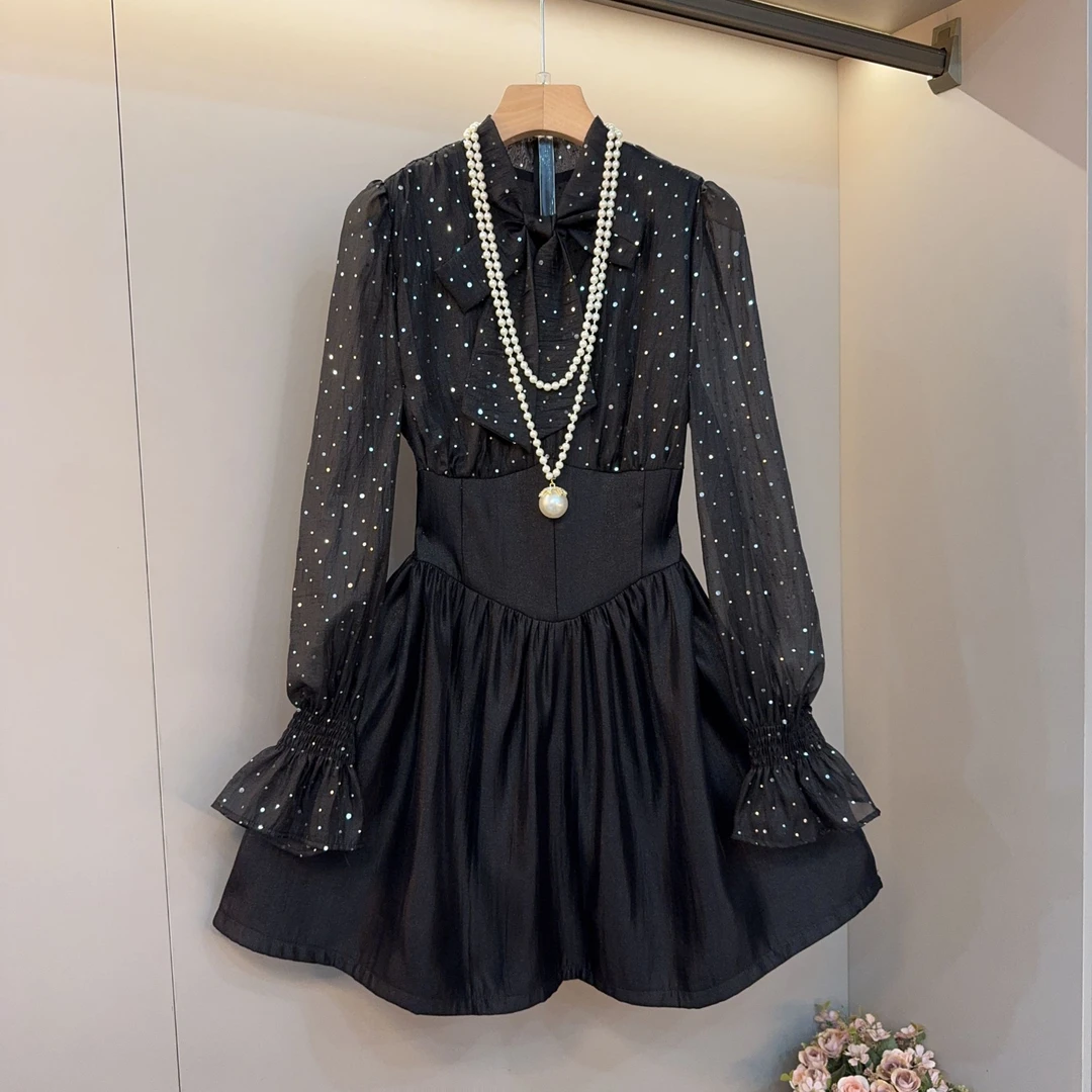 时髦精洋气减龄连衣裙女2025年春季新款长袖亮闪拼接连衣裙68011