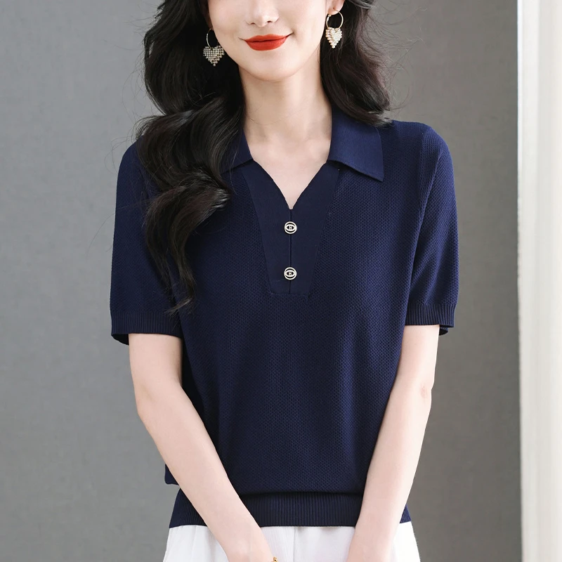 短袖女款爆款2025新款大码冰丝T恤宽松显瘦洋气Polo领针织衫上衣