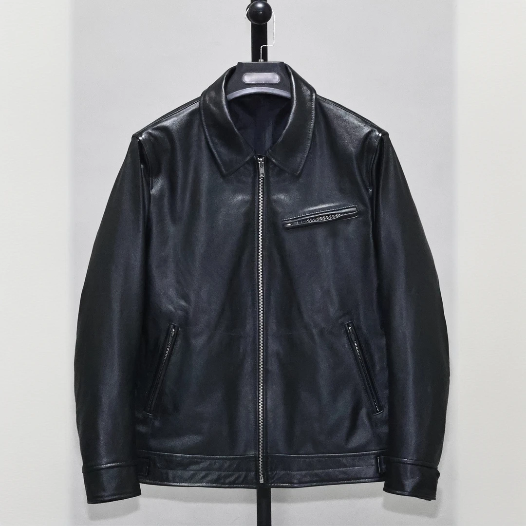 莱蒙璀高级头层薄软牛皮真皮皮衣男翻领简约商务休闲机车夹克外套