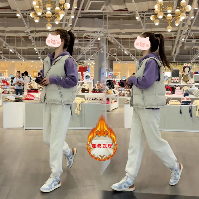 冬季通勤新款穿搭三件套针织打底衫搭配马甲+加绒休闲裤套装女潮