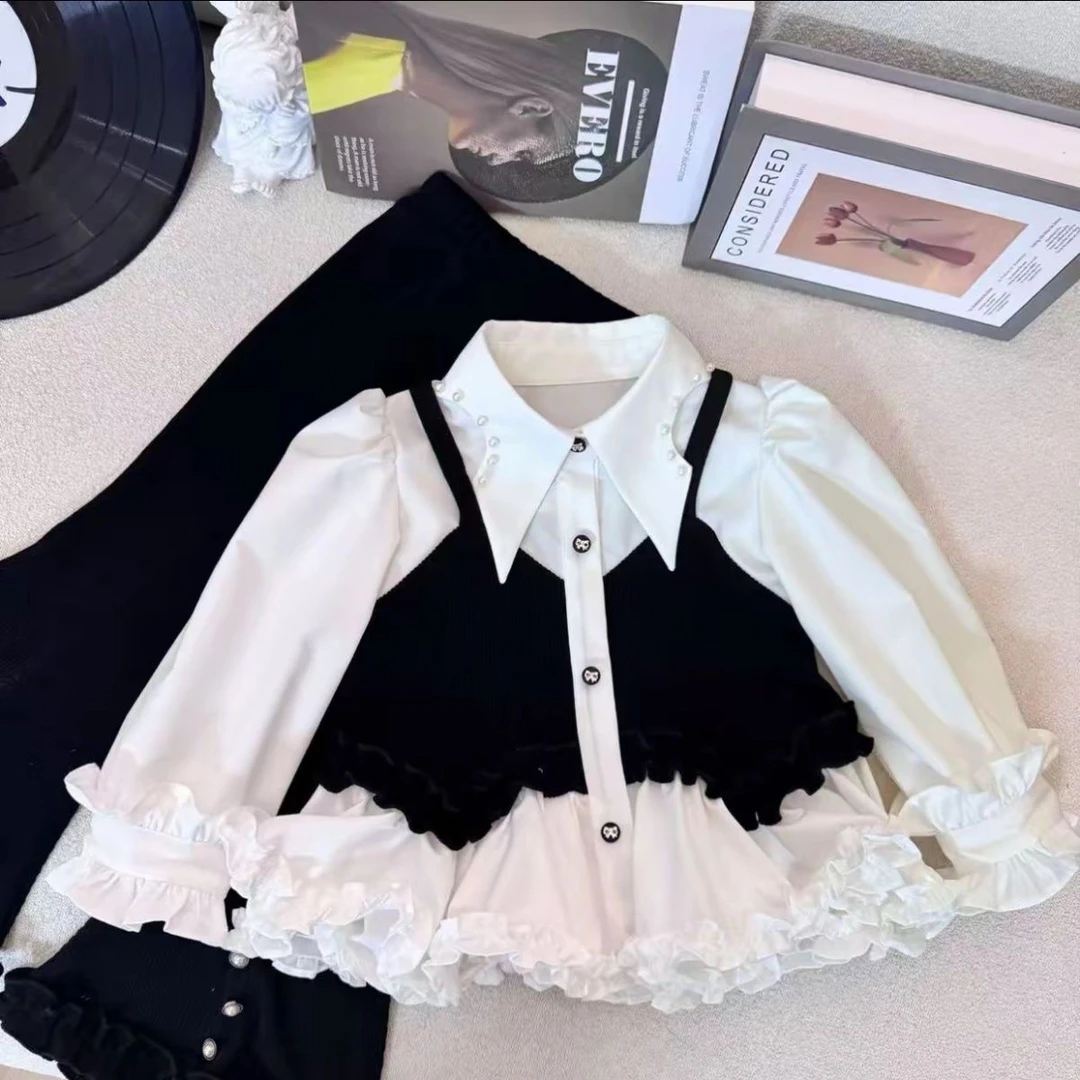 女童套装2025秋新款儿童韩系洋气时髦假两件长袖上衣休闲裤套装