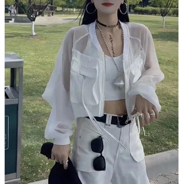 欧货设计感辣妹拉链口袋轻薄透气防晒衣短外套女宽松休闲工装上衣