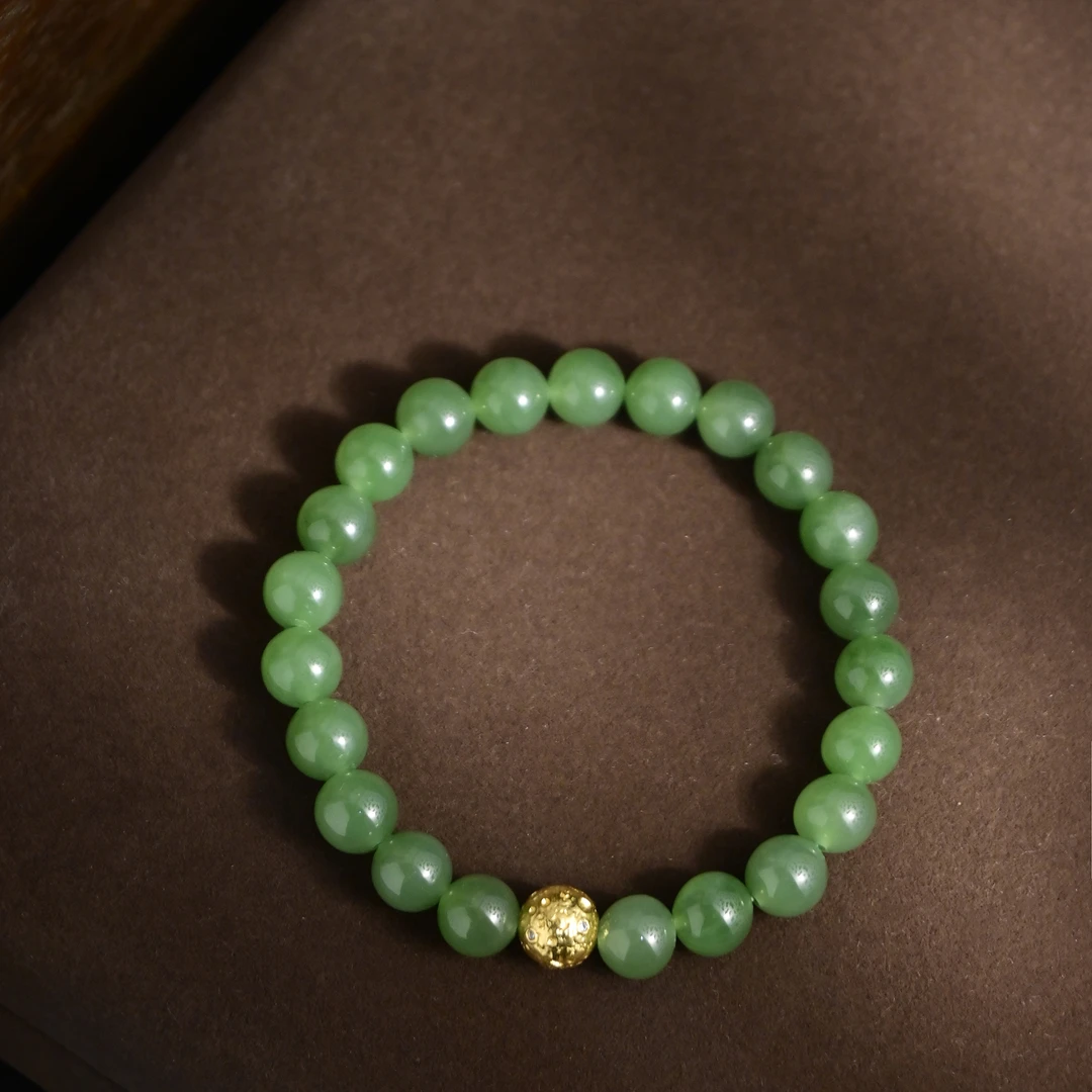 白沙设计【绿野金芒】天然和田玉碧玉辣阳绿手串8mm S0025