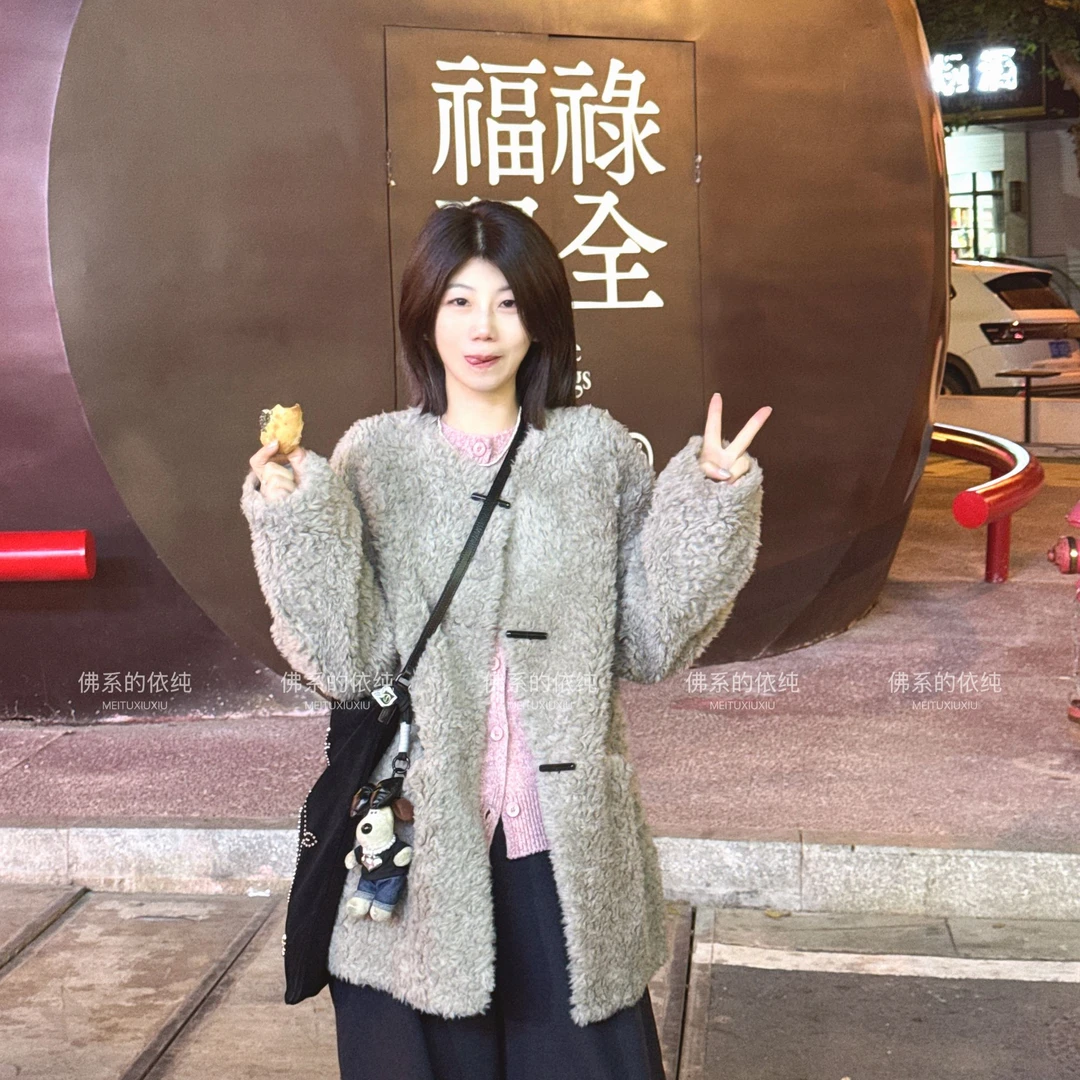 【NO退NO换】欧货【油画栀子】皮毛长条扣中长外套111275