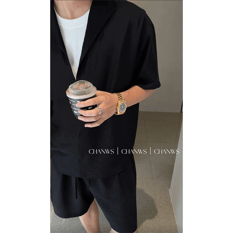 ZHIO假两件拼接V领短袖衬衫男士休闲套装老钱风穿搭垂感五分短裤