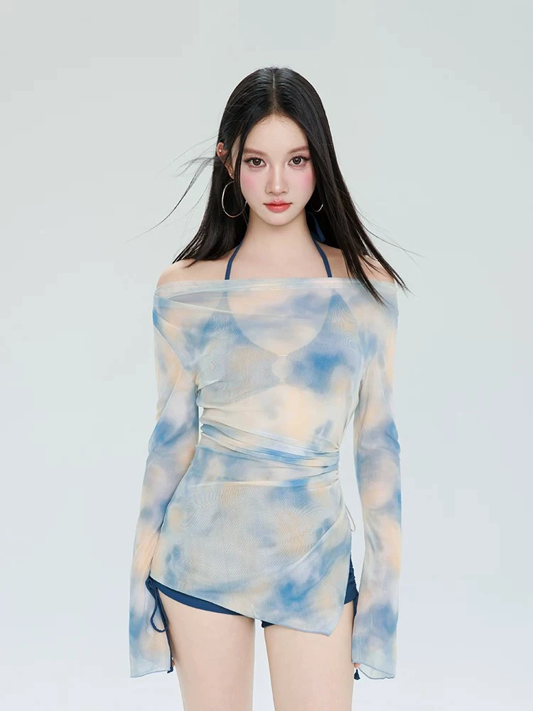 【雾蓝遐想】分体女泳衣长袖遮肉显瘦纯欲风适合度假泡温泉