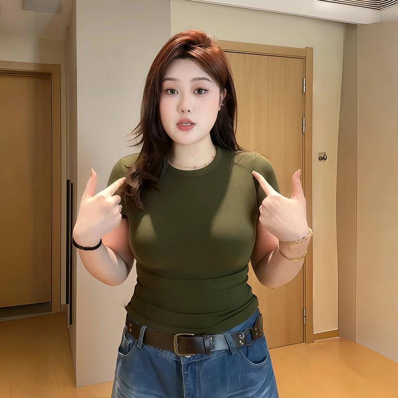 大码女装法式复古圆领正肩针织短袖T恤夏季微胖mm紧身刺绣小上衣