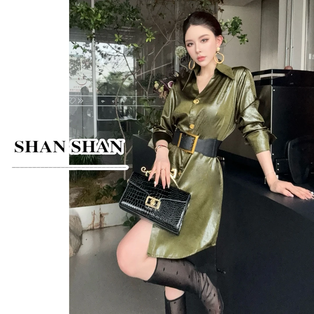 SS姗姗 时尚气质设计师款百搭纹休闲理皮质感宽松衬衫女 50775206