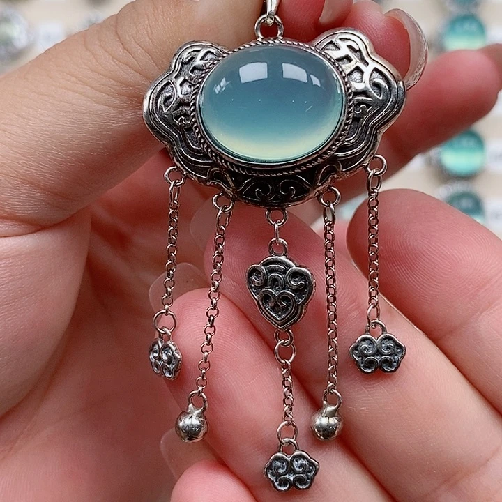 蛇纹石玉银S925镶嵌吊坠