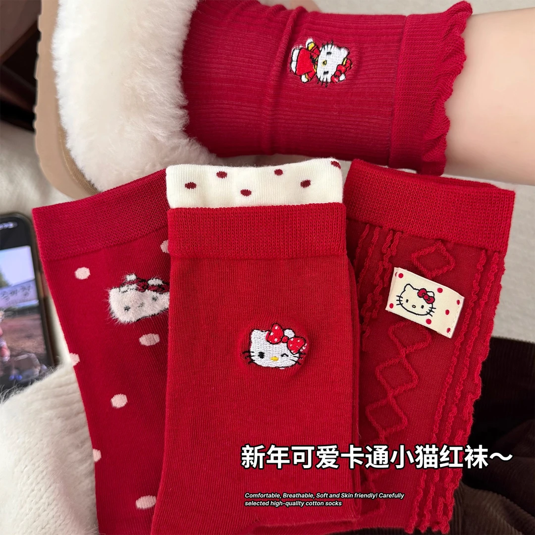 本命年红色袜子女秋冬季纯棉中筒袜2026年马年可爱卡通新年长筒袜