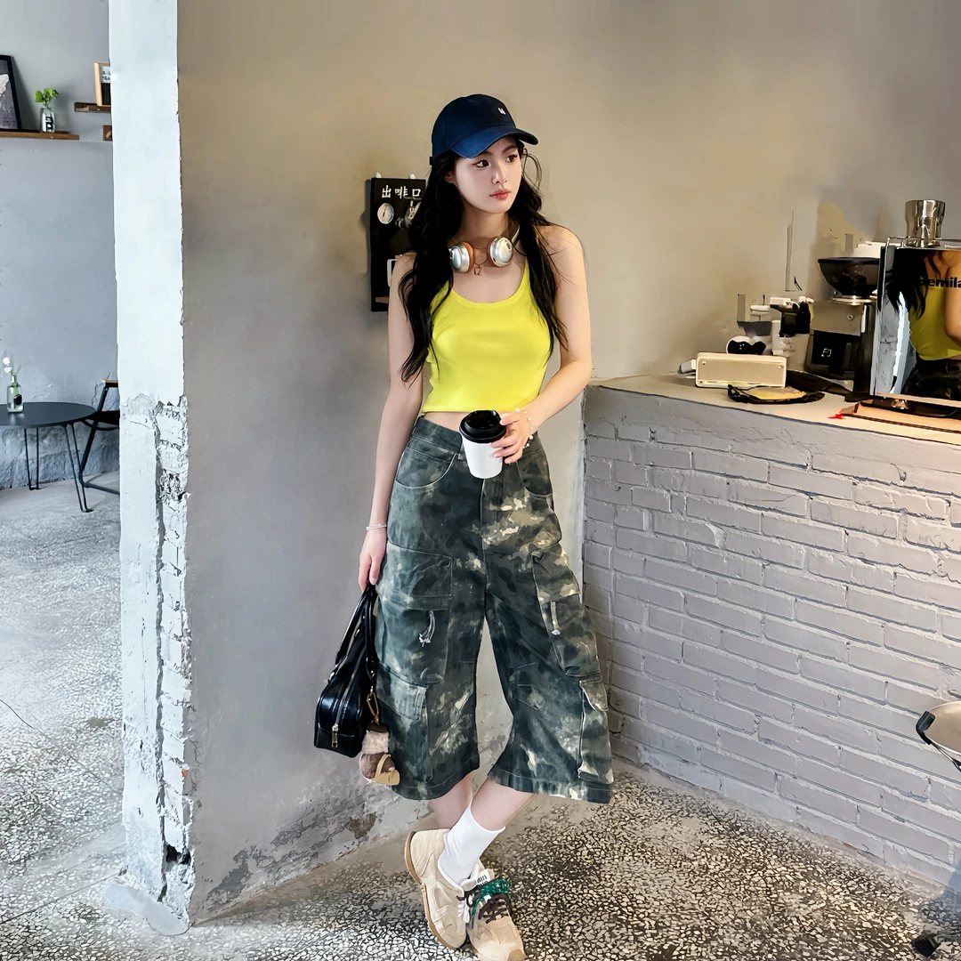 TOUAD美式复古迷彩多口袋牛仔七分裤男女宽松百搭阔腿休闲工装裤
