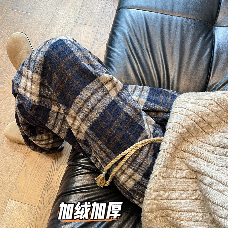 毛呢格子宽松休闲裤子保暖男cleanfit冬季加绒加厚直筒百搭拖地裤