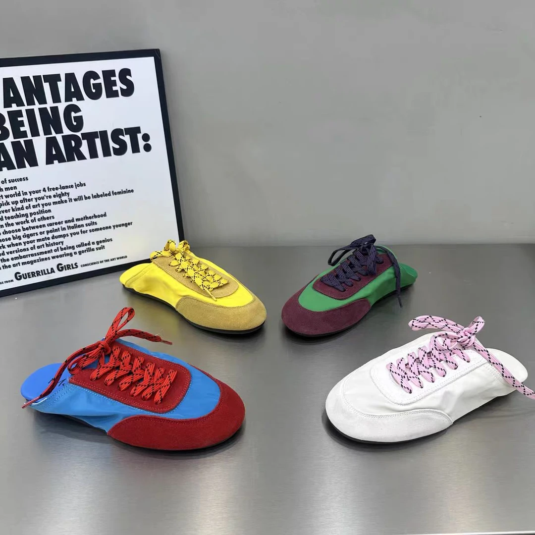 红蓝拼色系带德训穆勒拖鞋女外穿平底一脚蹬懒人鞋F7-58-28