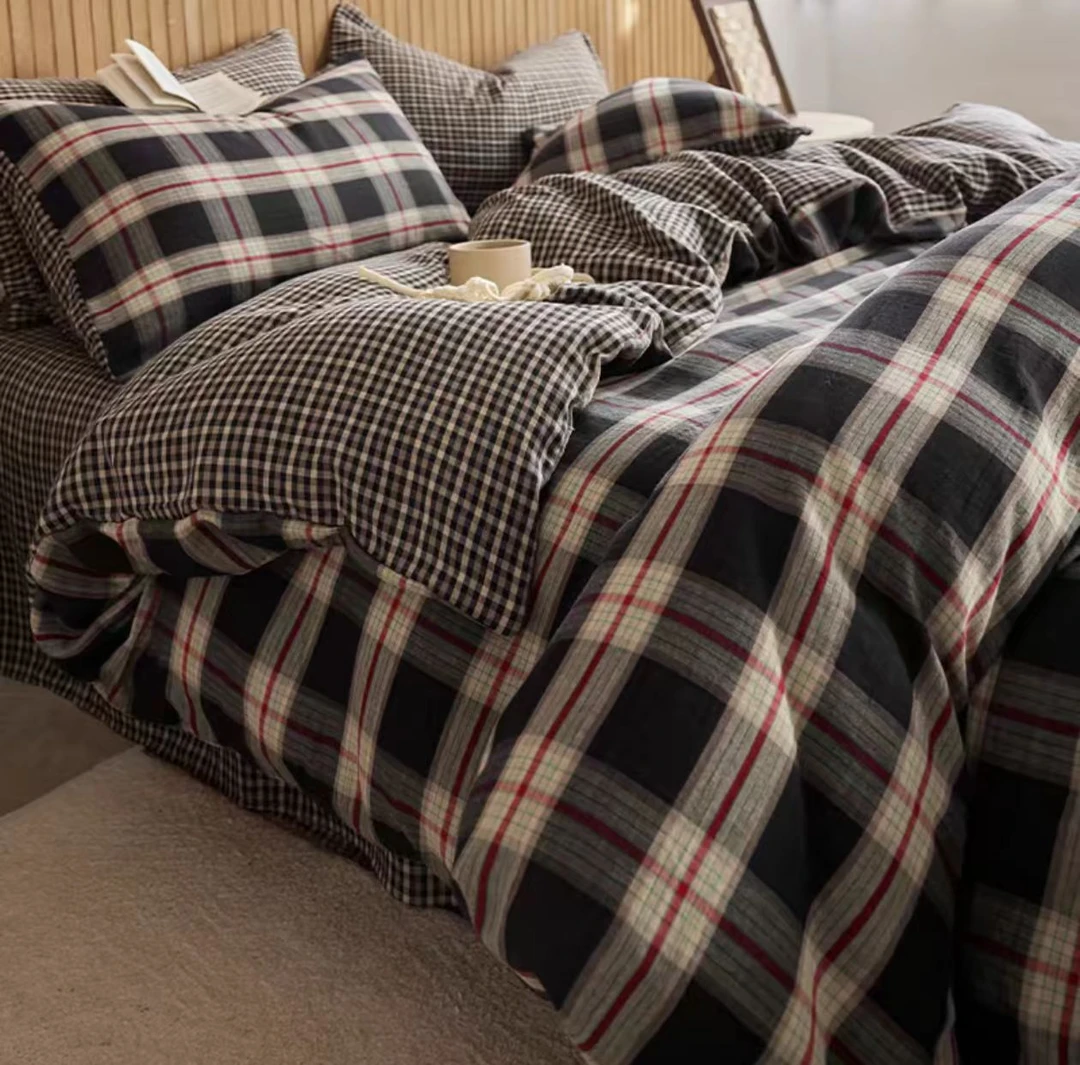 极简格子透气床品套件日系条纹床品四件套床单风全棉色织双层纱