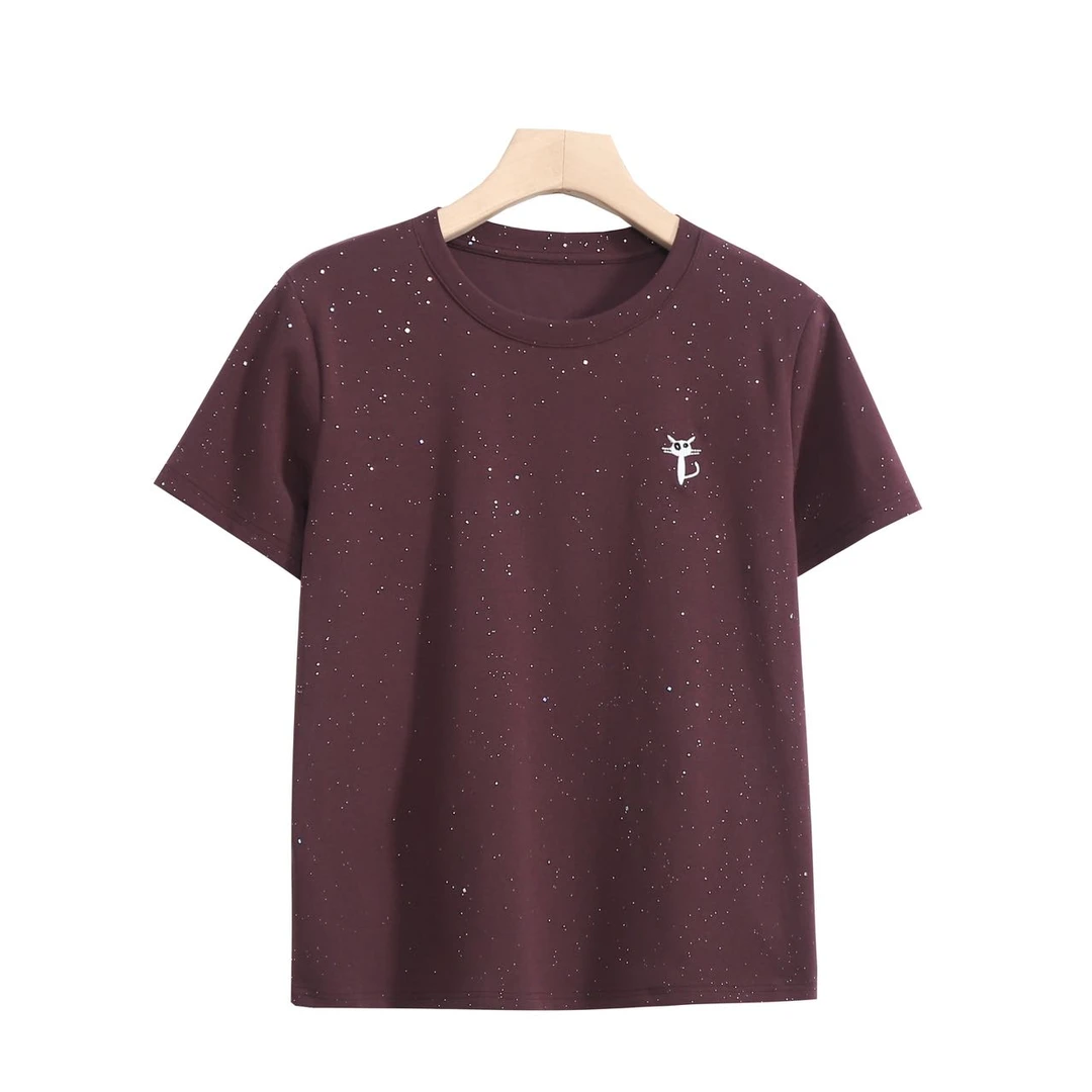 温柔系穿搭！早春系列时尚休闲百搭亮片印花圆领T恤9129