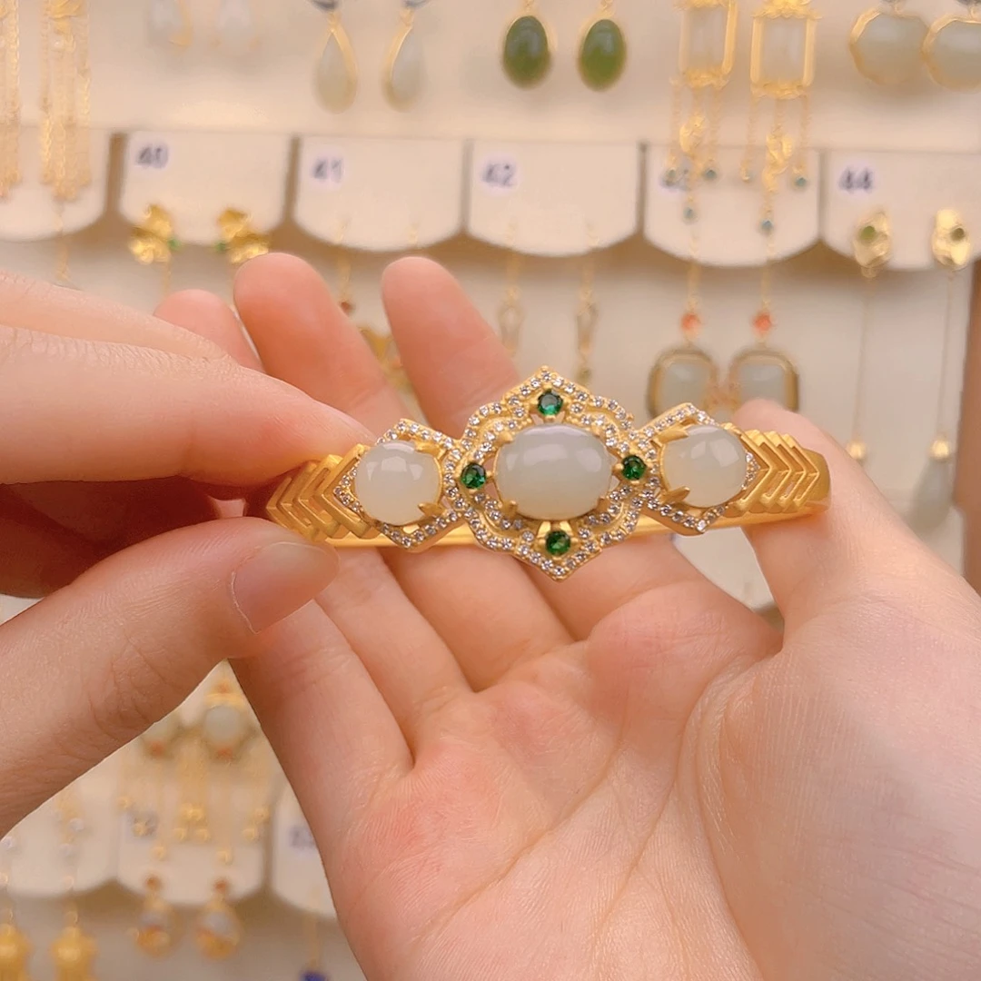 和田玉手镯银S925镀金镶嵌