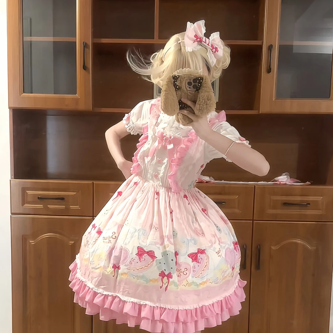 松藤连枝恋恋马卡龙JSK 纯棉粉色Lolita甜美系古早日牌感连衣裙