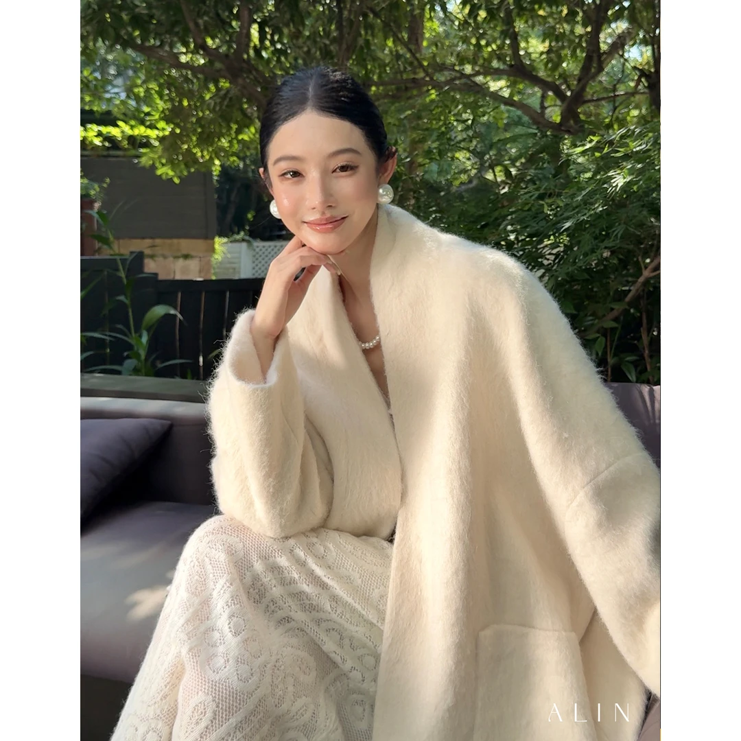 阿琳ALIN【闲简】秘鲁苏力羊驼毛呢大衣女软糯慵懒风外套AL5GBD10