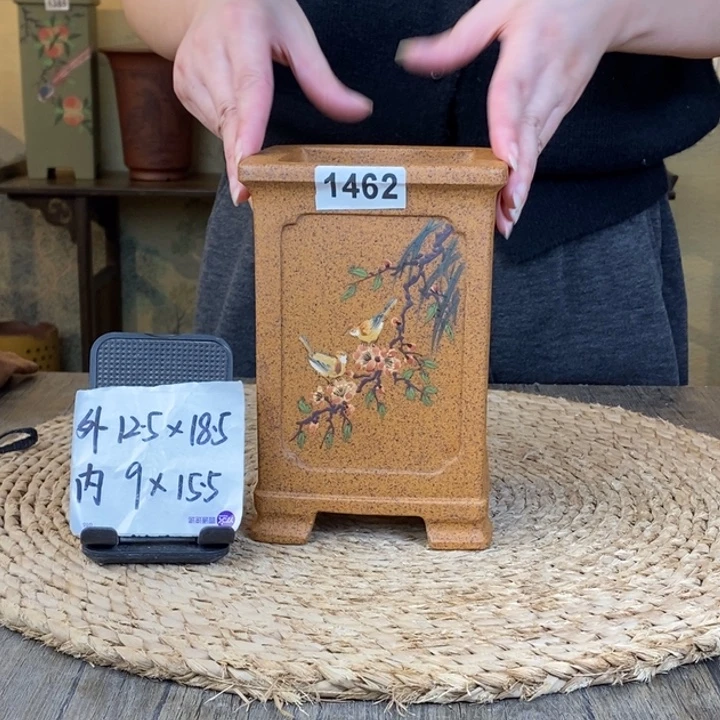 紫砂花盆   柴烧内奎面彩绘四方签筒1462