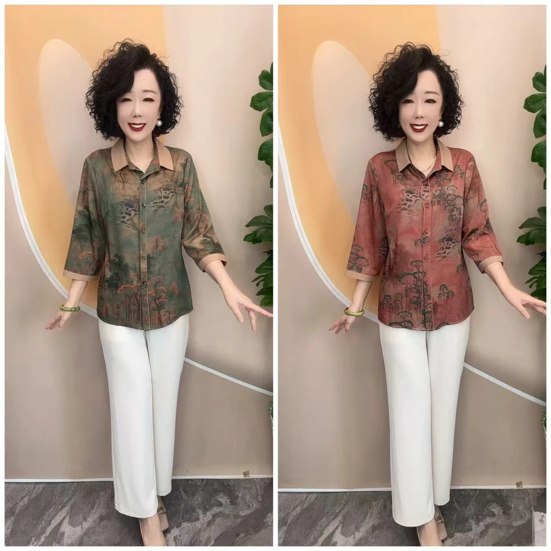 25816新款山水画中老年女装薄款宽松遮肉衬衫妈妈上衣，衣长65