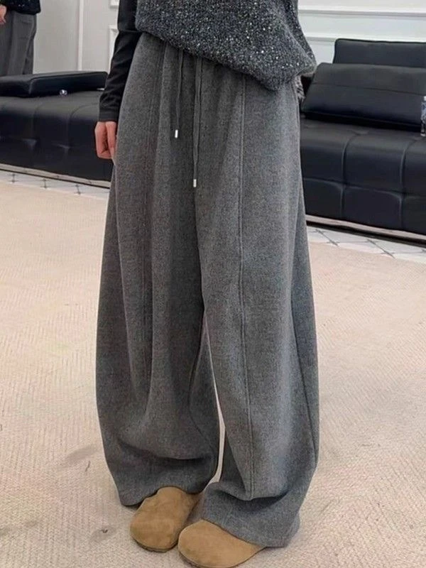 z抽绳松紧腰弯刀裤加绒加厚秋冬新款休闲毛呢韩版弯刀长裤