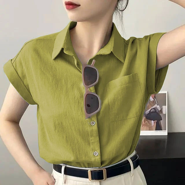 卷边短袖衬衫女夏季高级感法式上衣宽松设计感小众小飞袖雪纺衬衣