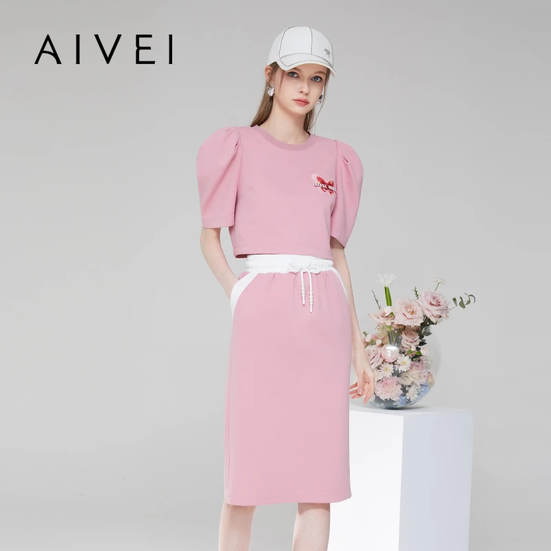 【网球女孩】AIVEI艾薇夏休闲泡泡袖夏季T恤上衣裙子套装Q0360109