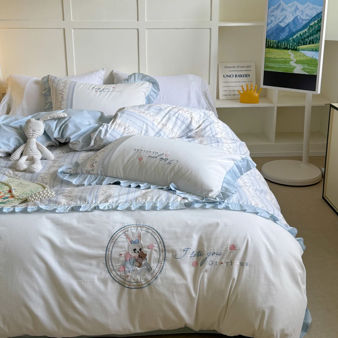 美玲  花兔 全棉水洗棉三件套四件套大版刺绣轻奢法式简约设计师