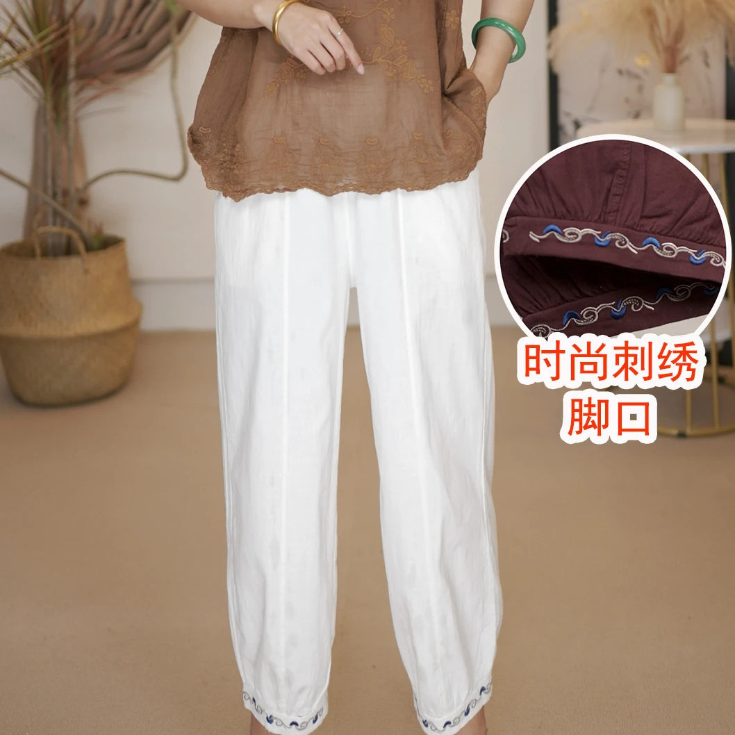夏季新款高腰宽松百搭透气刺绣款棉麻休闲裤5308款