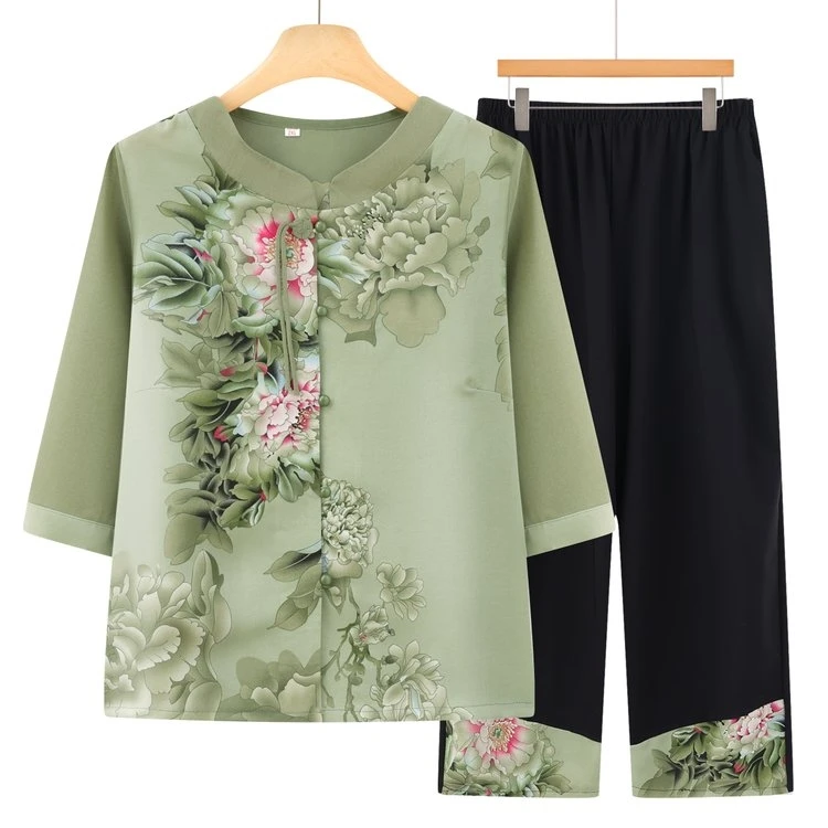 花鸟夏季中老年女装60岁肥胖妈妈套装宽松七分袖外套盘扣中国风