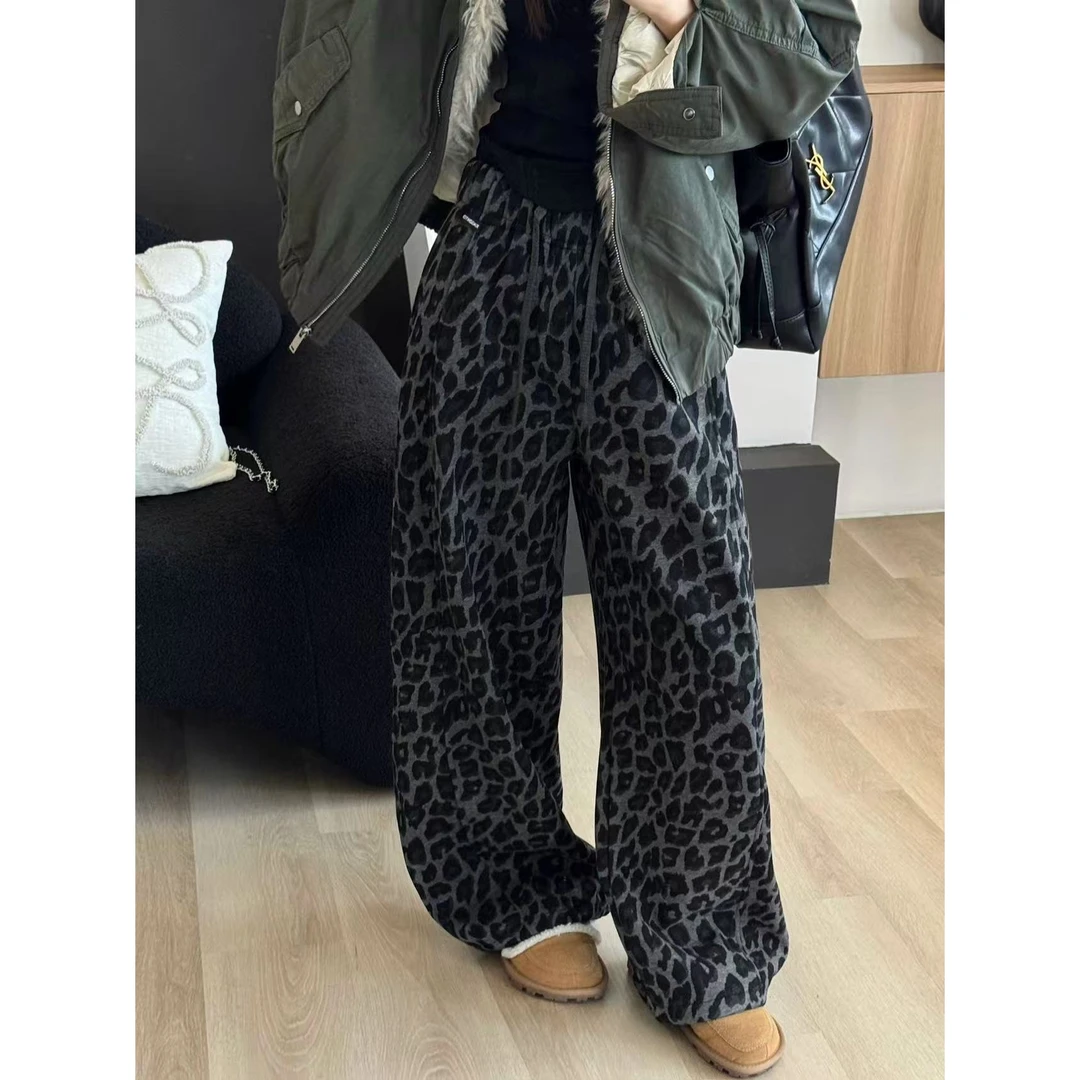 SP 洋气百搭 秋冬时髦印花豹纹弯刀裤加绒加厚阔腿裤