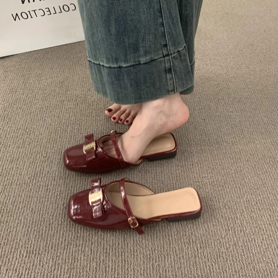 法式平底温柔风晚晚鞋蝴蝶结包头半拖鞋女外穿不累脚漆皮穆勒单鞋