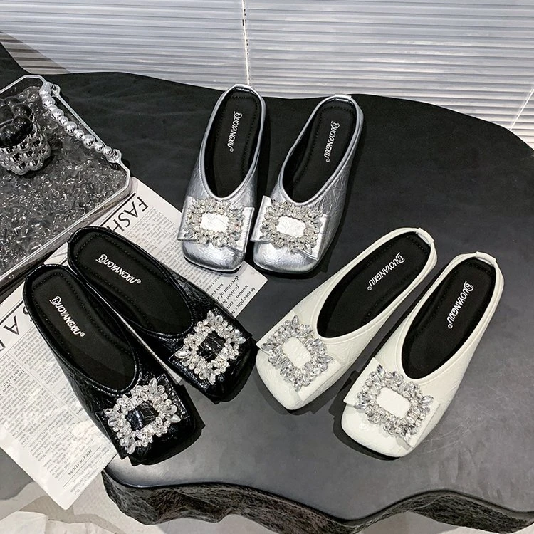 【带运费险】欧洲站新款重工水钻包头半拖鞋