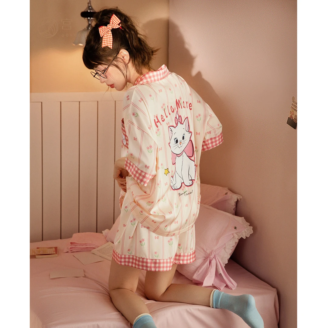宫蝶【凉感型】迪士尼玛丽猫睡衣女冰雪丝夏季短袖短裤家居服套装