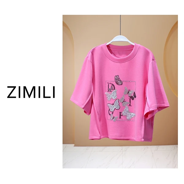 【亮哥女装】2025夏《锦华》轻薄透气爽肤粉色蝴蝶烫钻休闲T恤8038