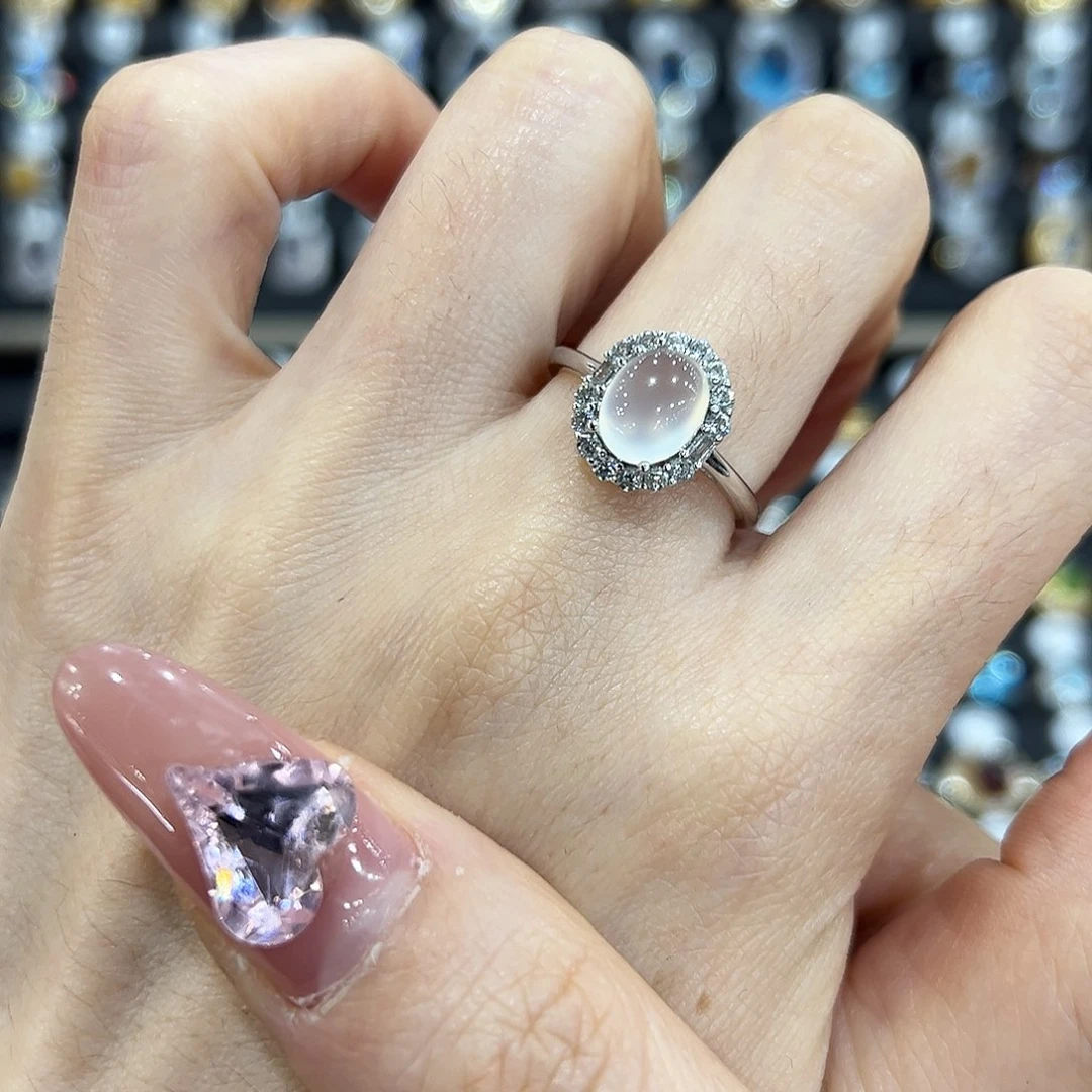 岫玉银S925镶嵌戒指新款白月光