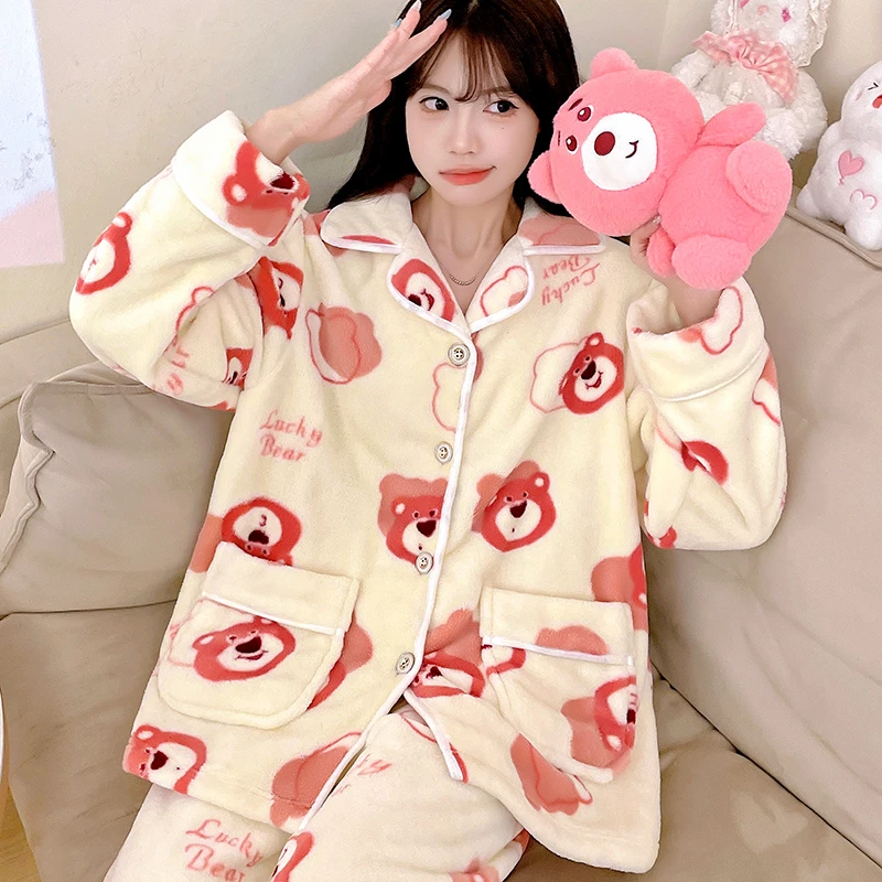 睡衣女秋冬保暖家居服套装冬季加厚珊瑚绒家居服套装