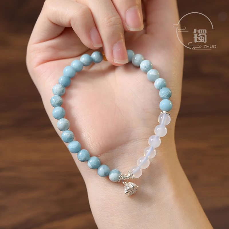 海文石6mm配白玛瑙手串蜜蜡S925银莲蓬铃铛时尚百搭女款3052手链