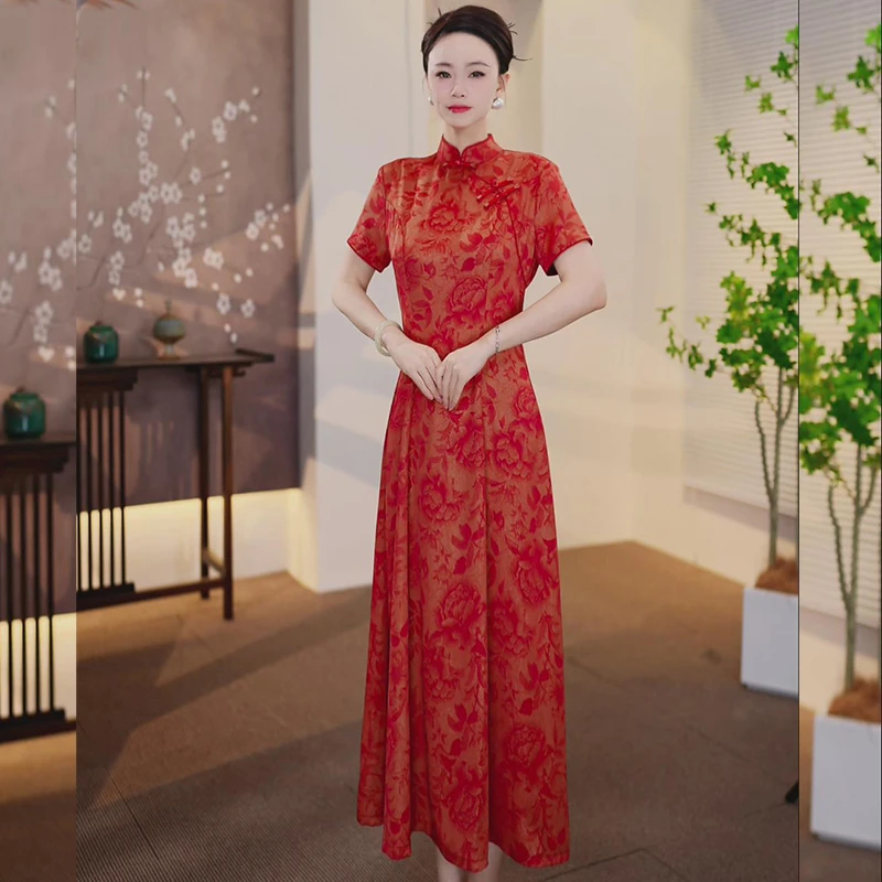 【yuan18】2025夏季新款气质提花复古黑色中国风旗袍连衣裙大摆裙