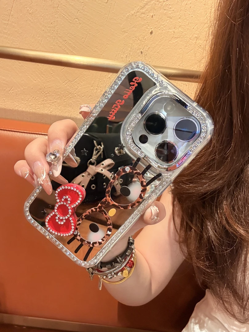 豹纹眼镜立体蝴蝶结镜面适用苹果16promax手机壳iphone15镶钻14p