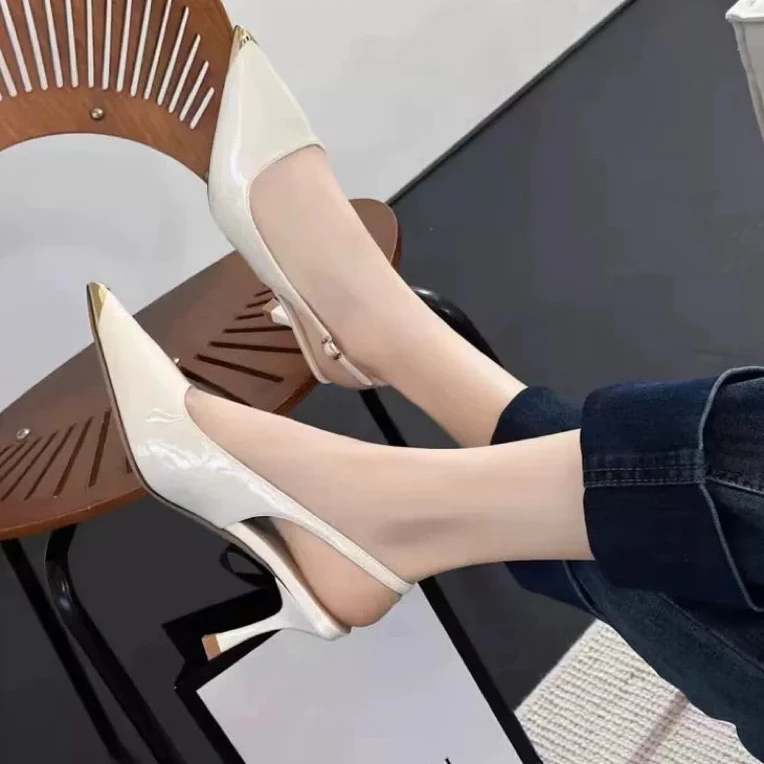 1977夏季新款法式金属包头细跟后空单鞋F