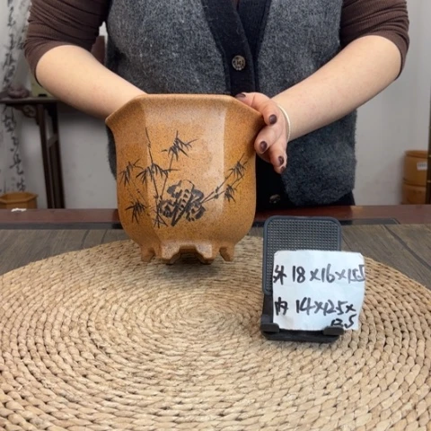 紫砂花盆年终福利柴烧六方0873