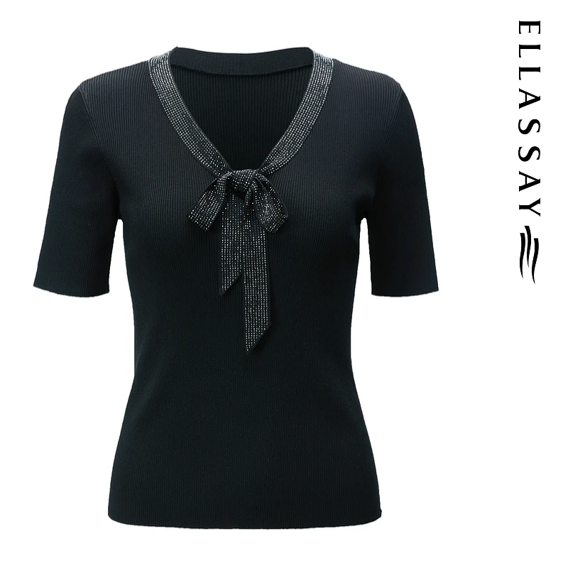 ELLASSAY歌力思2025新款早秋烫钻飘带V领针织衫女EWD366M010DX