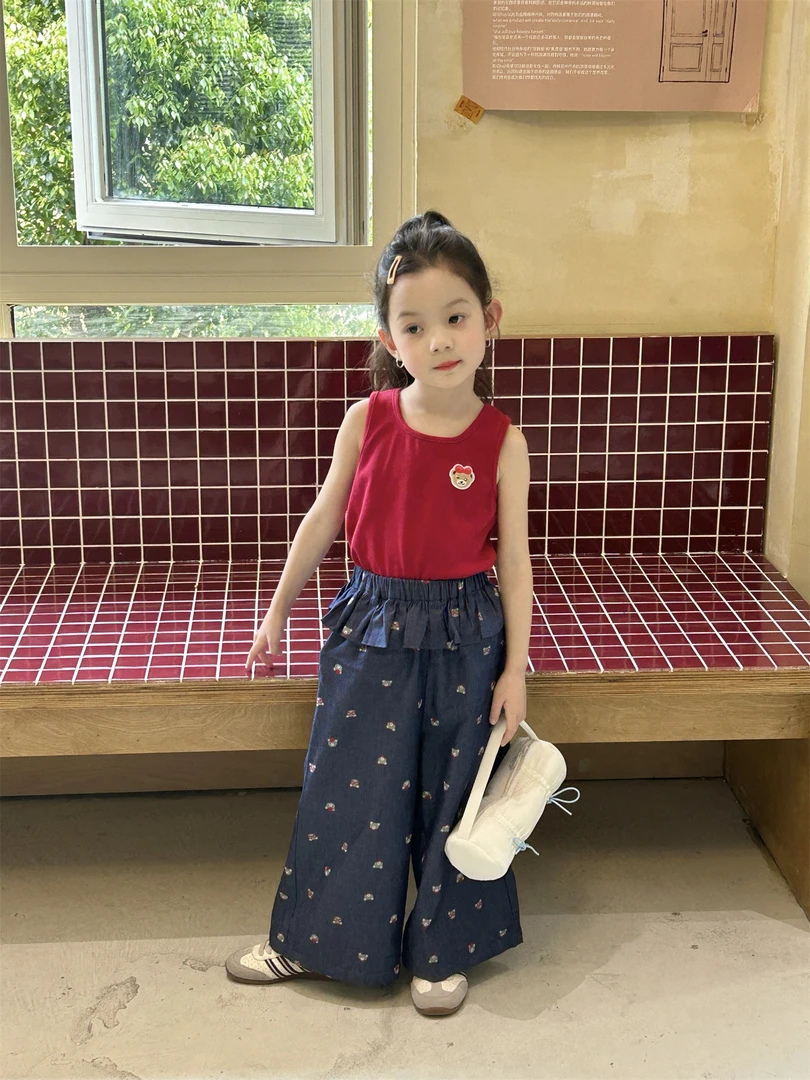 2025夏季女童镂空蝴蝶结满印卡通小熊牛仔裤B5167背心牛仔裤1234