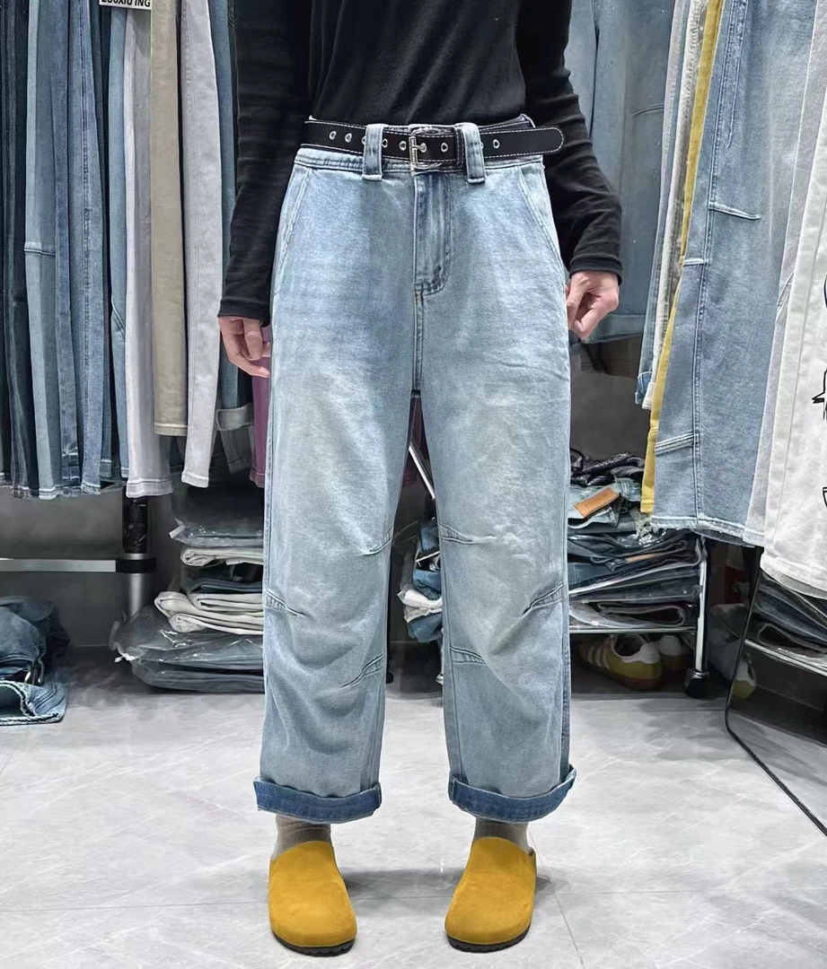 绣绣◆弹力欧货小众设计膝盖掐褶高腰宽松休闲百搭牛仔裤80205