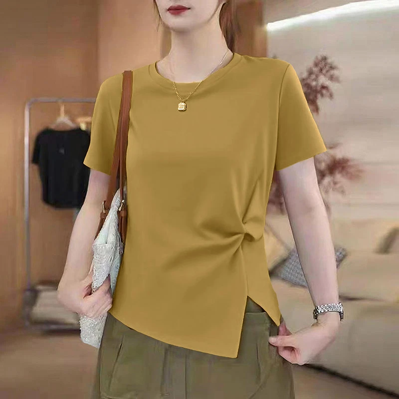 夏季正肩褶皱短袖t恤女新款不规则下摆百搭显瘦遮肚洋气打底上衣