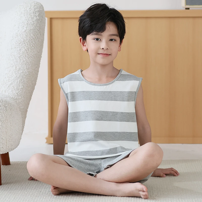 儿童背心睡衣男童条纹夏季薄款纯棉无袖青少年家居服2025新款套装