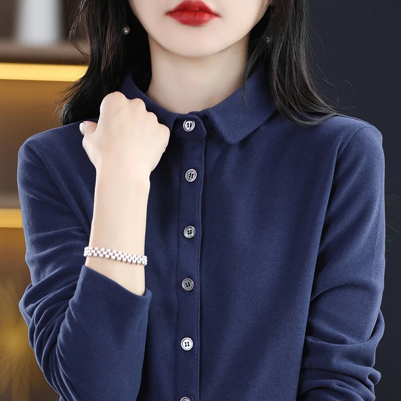 2025秋冬新款长袖高级感加绒加厚保暖内搭打底衬衣女职业气质上衣