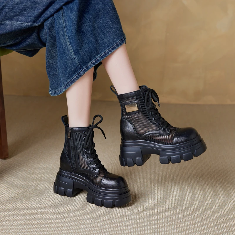 厚底马丁靴女小个子高跟夏季薄款2025新款镂空网面百搭透气短靴