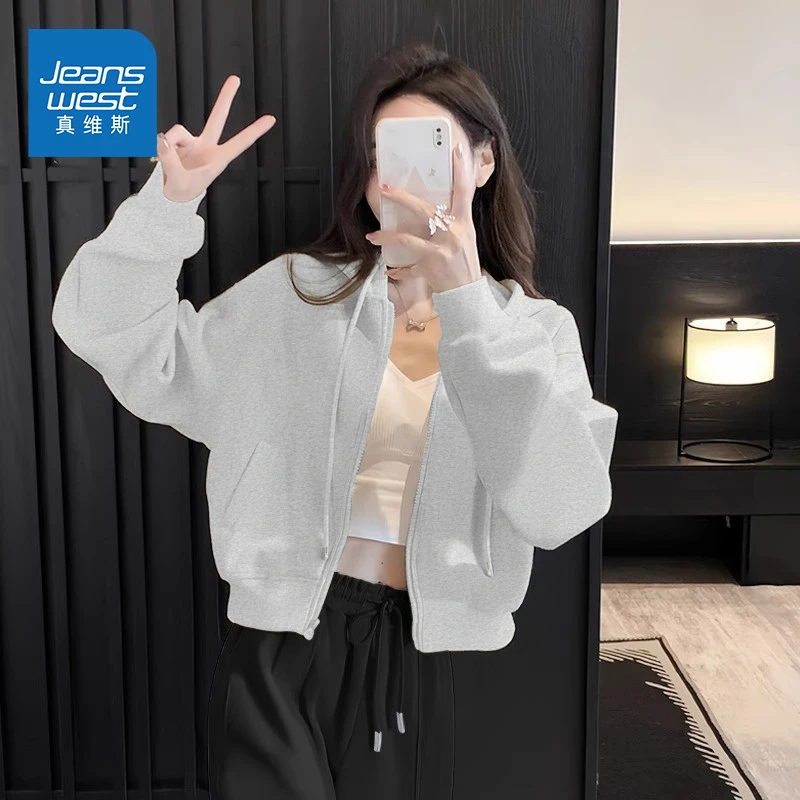 真维斯短款卫衣女春秋款2025新款麻灰色长袖上衣休闲开衫外套